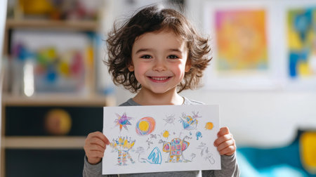 A cheerful child proudly displaying colorful artwork, showcasing creativity and joy. Perfectly captures the essence of childhood and self-expression.の素材