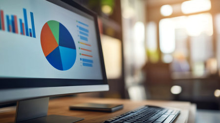 A modern workspace featuring a computer monitor displaying colorful charts and graphs, symbolizing data analysis and business insights in a professional setting.の素材
