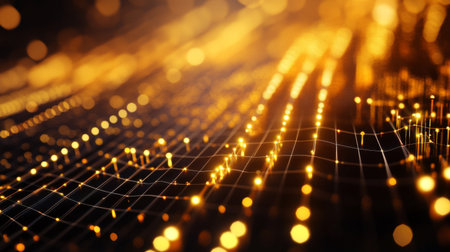 This abstract image features glowing lines and shimmering dots in warm tones, creating a dynamic and visually appealing background perfect for tech and design projects.の素材