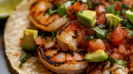 Enjoy a vibrant close-up of grilled shrimp tacos topped with fresh salsa and avocado. Perfect for food lovers seeking delicious meal ideas.の素材