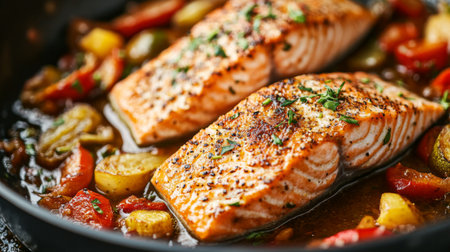Savory salmon fillets cooked with vibrant vegetables in a flavorful sauce. Perfect for a healthy meal, showcasing fresh ingredients and aromatic herbs.の素材