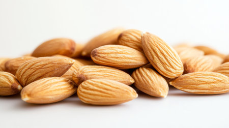 A close-up view of raw almonds arranged on a white background, showcasing their natural texture and color, perfect for health and nutrition-focused projects.の素材
