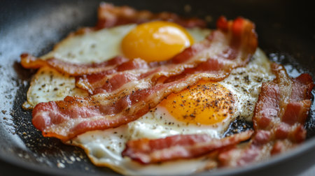 A sizzling combination of eggs and crisp bacon in a frying pan, perfect for a hearty breakfast or brunch. Ideal for food lovers and culinary enthusiasts.の素材