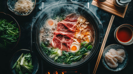 A steaming hot pot filled with fresh vegetables, meat, and eggs, representing a vibrant dining experience perfect for gatherings and cozy meals.の素材