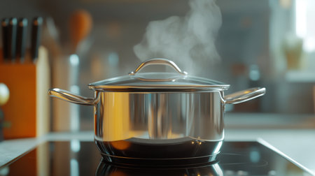 A sleek stainless steel cooking pot with steam rising, placed on a modern stovetop. This image captures the essence of culinary excitement and home cooking.の素材