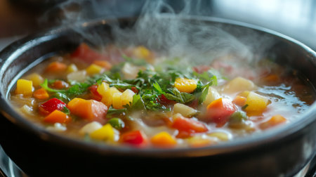 A steaming bowl of fresh vegetable soup showcases vibrant colors and healthy ingredients. Perfect for a cozy meal, this dish exudes warmth and flavor.の素材