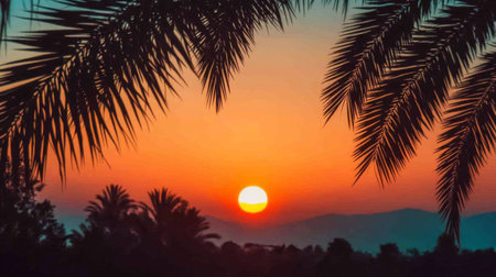 A breathtaking sunset scene featuring silhouetted palm trees against a vibrant orange and blue sky, highlighting the beauty of nature and tranquil evening vibes.の素材