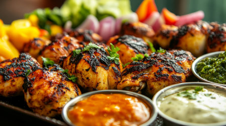 A vibrant platter featuring grilled chicken, accompanied by various spicy sauces and fresh vegetables, perfect for a flavorful dining experience.の素材