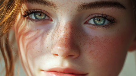 This close-up portrait captures the beauty of a young person with striking freckles and captivating eyes, enhanced by soft natural light and shadows.の素材