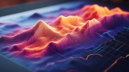 A vibrant and colorful data visualization representing mountains and waves. Ideal for technology, analysis, and creative design projects.の素材