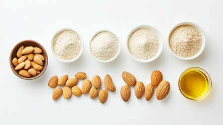 A beautiful arrangement of almond varieties and ingredients on a clean white background, showcasing almonds, almond flour, almond oil, and other elements perfect for healthy cooking and baking.の素材