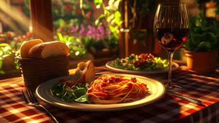 A cozy dinner scene featuring a plate of pasta, wine glass, fresh salad, and bread, all bathed in warm sunlight, perfect for romantic evenings.の素材