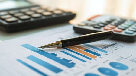 A sleek pen rests on a financial report filled with colorful charts, calculator nearby, illustrating business analysis in a professional office environment.の素材