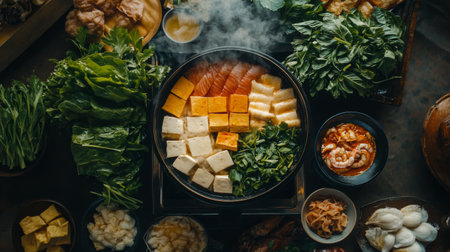 A vibrant display of fresh ingredients for an Asian hot pot, featuring vegetables, seafood, and tofu, showcasing a culinary experience full of flavor and tradition.の素材
