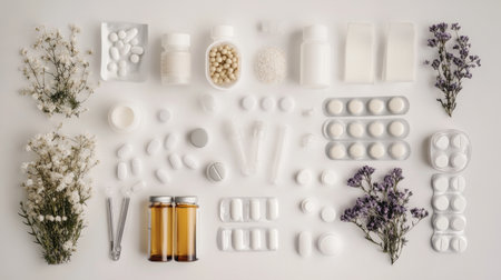 A serene flatlay featuring an array of white pills, bottles, and delicate flowers arranged on a clean white surface, symbolizing health and wellness.の素材