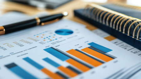 Close-up of a business report featuring colorful charts and graphs alongside a pen and spiral notebook, reflecting data analysis and planning in an office environment.の素材
