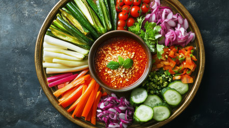 A vibrant vegetable platter featuring a variety of fresh ingredients and a flavorful dipping sauce, perfect for healthy snacking or entertaining guests.の素材