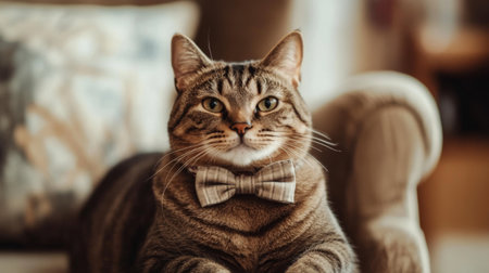 A fashionable cat with a bow tie sitting elegantly on a couch, radiating charm and personality in a cozy home setting. Perfect for pet lovers!の素材