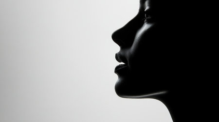 A striking profile silhouette captured against a soft light background, emphasizing the graceful lines and serene expression of beauty in minimalism.の素材