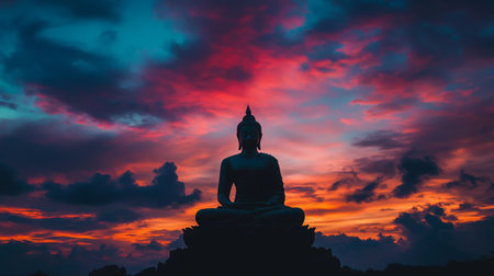 A serene silhouette of a Buddha statue sits peacefully against a vibrant sunset sky, surrounded by colorful clouds, symbolizing meditation and tranquility.の素材