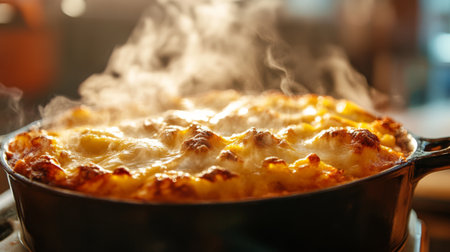 A steaming, delicious baked dish fresh from the oven, showcasing golden, bubbling cheese and a comforting texture, perfect for a cozy meal setting.の素材