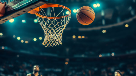 A dynamic moment captures a basketball in mid-air, heading towards the hoop in a lively indoor arena, showcasing the thrill of the game.の素材