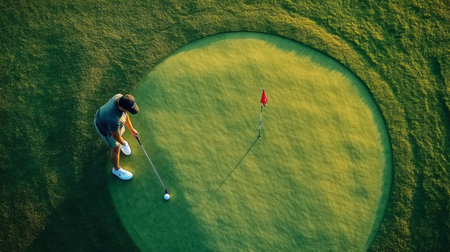 A golfer prepares to putt on a meticulously maintained green surface, showcasing skill and focus in the vibrant sunlight. Perfect for sports themes.の素材