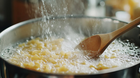 Close-up view of pasta boiling in a saucepan, with a wooden spoon stirring, creating a warm, inviting kitchen atmosphere. Perfect for food enthusiasts!の素材