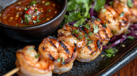 Delicious grilled shrimp skewers served with a spicy dipping sauce and fresh herbs. Perfect for appetizers or main dishes in any culinary setting.の素材