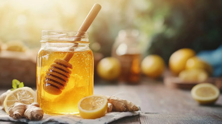 A beautifully composed image featuring a jar of honey with ginger and lemon slices on a rustic wooden table, highlighting natural ingredients and a healthy lifestyle.の素材