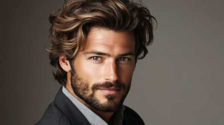 Captivating portrait of a handsome man showcasing stylish hair and a well-groomed beard, reflecting confidence and charm in a professional setting.の素材