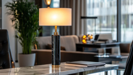 A stylish table lamp illuminates a modern interior space, featuring elegant design elements and natural greenery, creating a warm and inviting atmosphere.の素材