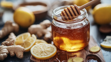 A beautiful arrangement of honey, lemon, and ginger symbolizes natural health. Perfect for recipes, wellness themes, or refreshing beverages.の素材