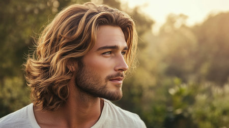 A contemplative young man with long flowing hair and a beard poses outdoors, surrounded by nature, capturing a moment of serenity and beauty in warm sunlight.の素材