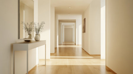 A bright and airy hallway featuring modern decor and minimalist design. This elegant space showcases wooden flooring and stylish furniture, ideal for modern interiors.の素材