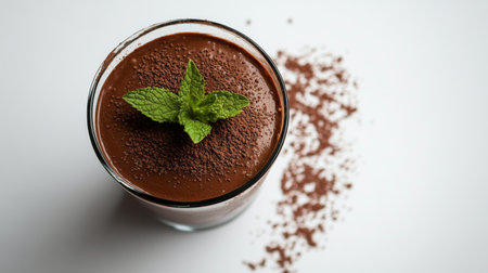 A decadent chocolate dessert topped with fresh mint leaves and cocoa powder. Perfect for celebrations or as a delightful snack at any time.の素材