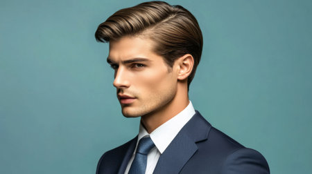 A stylish man in a tailored suit is captured in profile against a soft blue background. His polished hairstyle and confident expression exude elegance and sophistication, perfect for business-related themes.の素材
