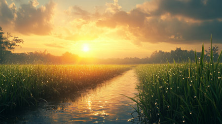 A tranquil sunrise illuminating a lush rice field with dew-kissed grass beside a gentle waterway, creating a serene and picturesque landscape.の素材