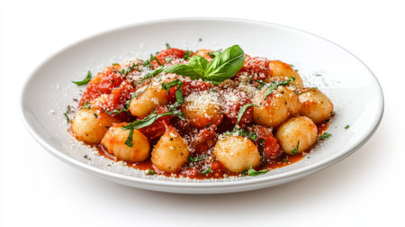A mouthwatering plate of gnocchi served with rich tomato sauce and fresh basil leaves, showcasing an elegant Italian culinary experience.の素材