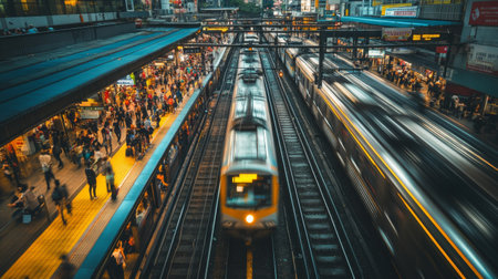 A dynamic scene of a busy urban train station, showcasing moving trains and a bustling crowd of commuters on platforms, capturing the vibrant city atmosphere.の素材