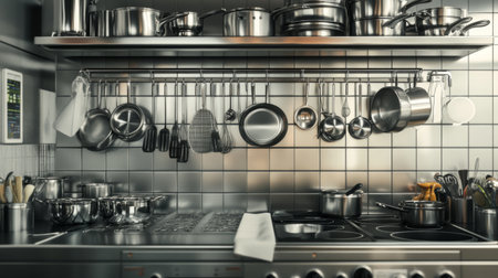 A sleek modern kitchen showcasing stainless steel cookware and utensils organized on a wall-mounted rack, perfect for culinary enthusiasts and home chefs.の素材