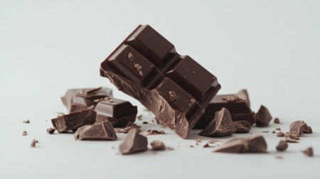 A tempting display of dark chocolate pieces and a bar, showcasing rich textures and taste. Perfect for dessert lovers and food photography.の素材