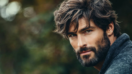 A stylish man with a beard gazes thoughtfully into the distance, surrounded by nature. His rugged look and confident expression evoke a sense of adventure and tranquility.の素材