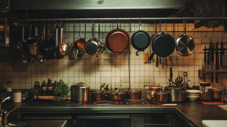 A beautifully organized kitchen featuring hanging pots and pans, showcasing a warm and inviting atmosphere perfect for culinary creativity and meal preparation.の素材