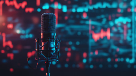 A close-up of a microphone set against a vibrant abstract digital background. This image captures the essence of audio technology and creative expression.の素材