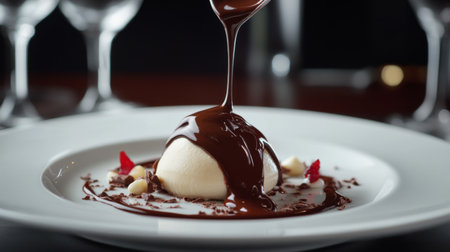 A sumptuous dessert featuring smooth cream topped with rich chocolate sauce, elegantly presented on a white plate. Perfect for gourmet dining.の素材