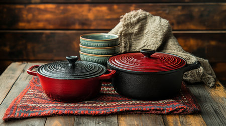 Beautiful red and black pots sit on a rustic wooden table, surrounded by bowls and a textured fabric, perfect for showcasing cozy culinary moments.の素材