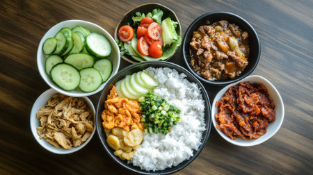A vibrant arrangement of Asian cuisine featuring rice, fresh vegetables, and various meats. Perfect for healthy meal inspiration and culinary enjoyment.の素材