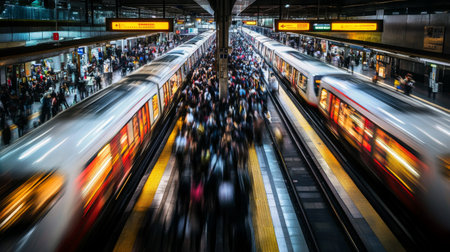 A bustling urban train station captures the rush hour energy, showcasing a vibrant crowd moving between platforms as trains arrive and depart.の素材