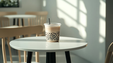 A single cup of bubble tea sits on a minimalist table, bathed in warm sunlight and softened shadows, creating a calm and inviting atmosphere.の素材